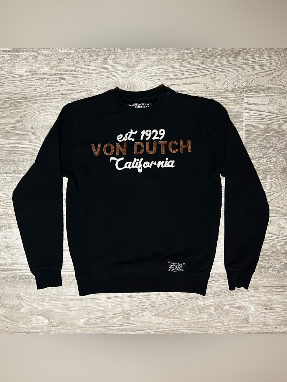 Von Dutch Black Crewneck Sweater with White and Brown Script